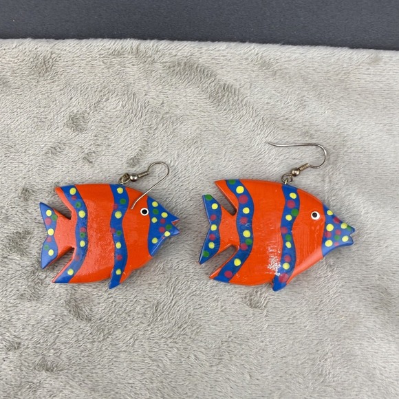 Estate Jewelry - Vintage Fish Pierced Earrings Wood Painted Orange Blue Earrings Sea